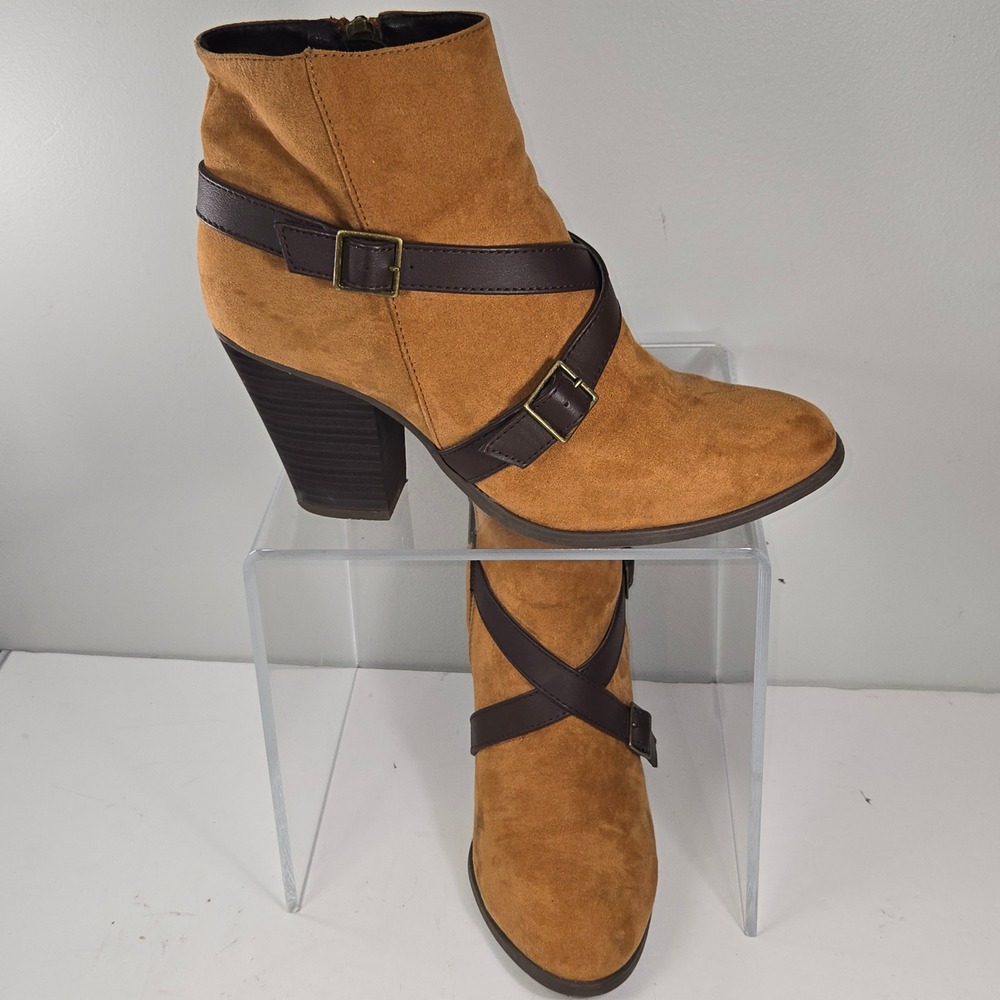 Charming charlie Faux Suede Ankle Boots Women 10 Brown Buckle Strap‎ Block Heel